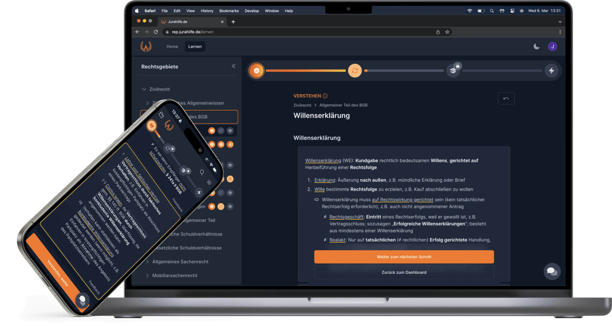 Jura online lernen mit Jurahilfe.de - Interaktive Lernplattform für Jura-Studium im Dark-Mode