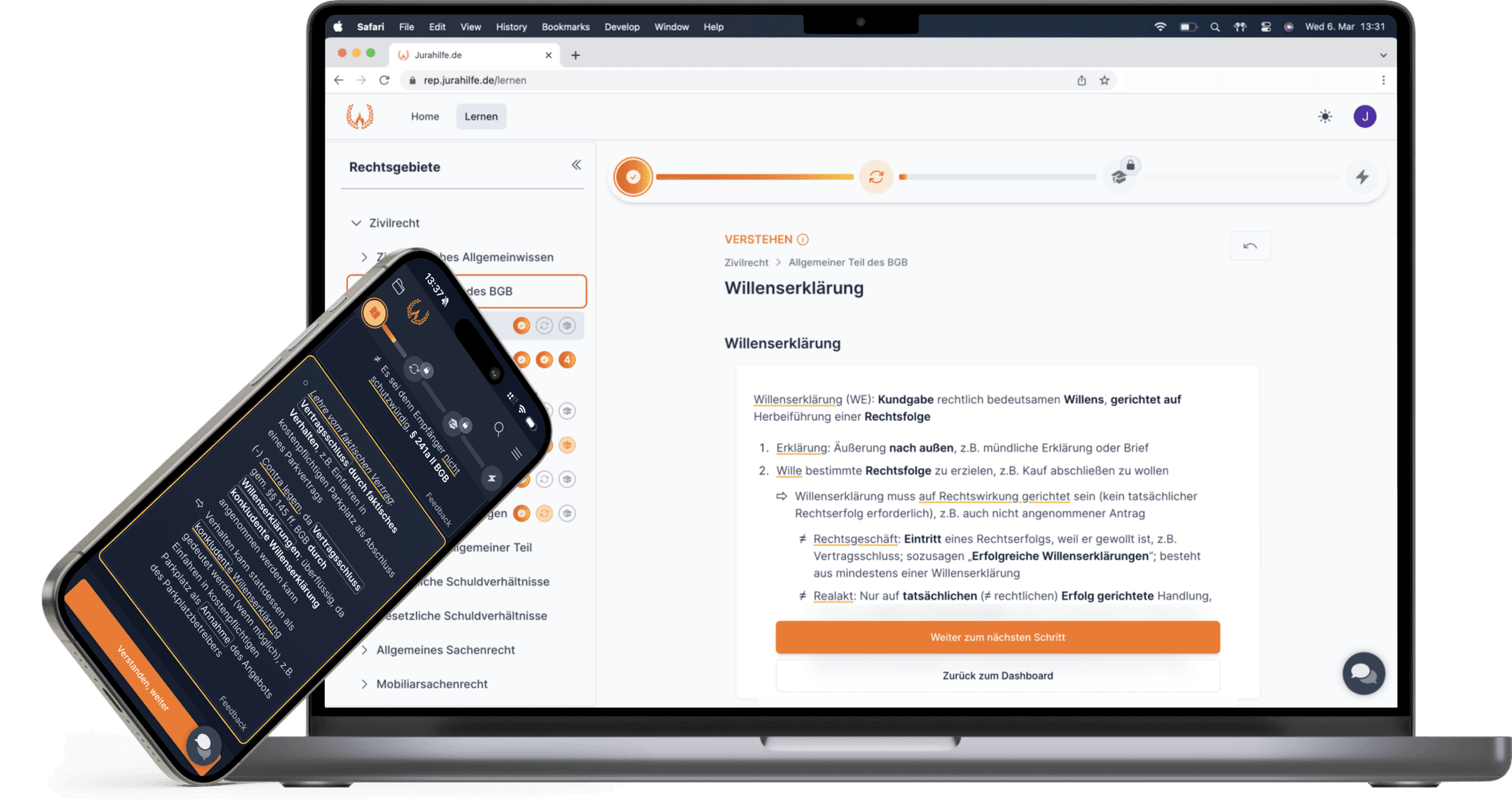 Jura online lernen mit Jurahilfe.de - Karteikarten-App für Jura-Studium auf Laptop und Smartphone