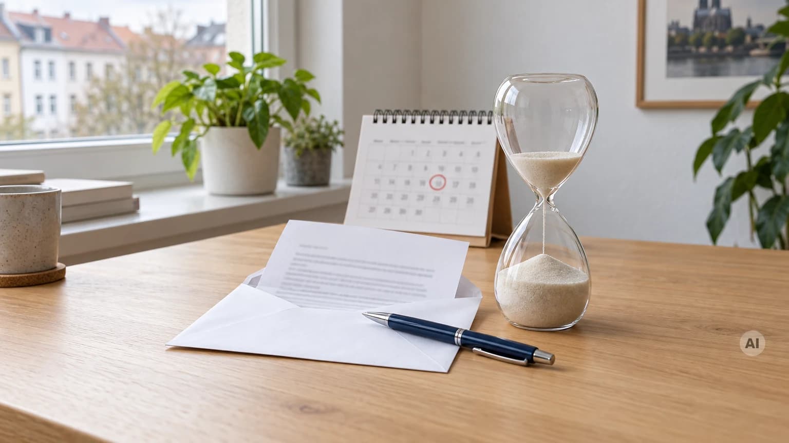 Geöffneter Brief mit Umschlag und Kugelschreiber auf einem Holzschreibtisch, daneben eine laufende Sanduhr und ein Tischkalender mit rot eingekreistem Datum