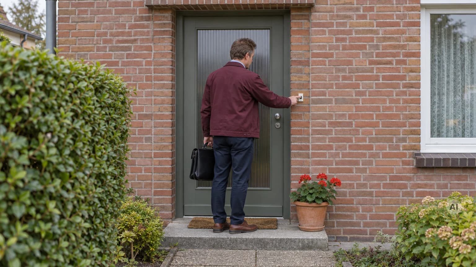 Vertreter mit Aktentasche steht vor der geschlossenen Haustür eines Einfamilienhauses und drückt die Klingel