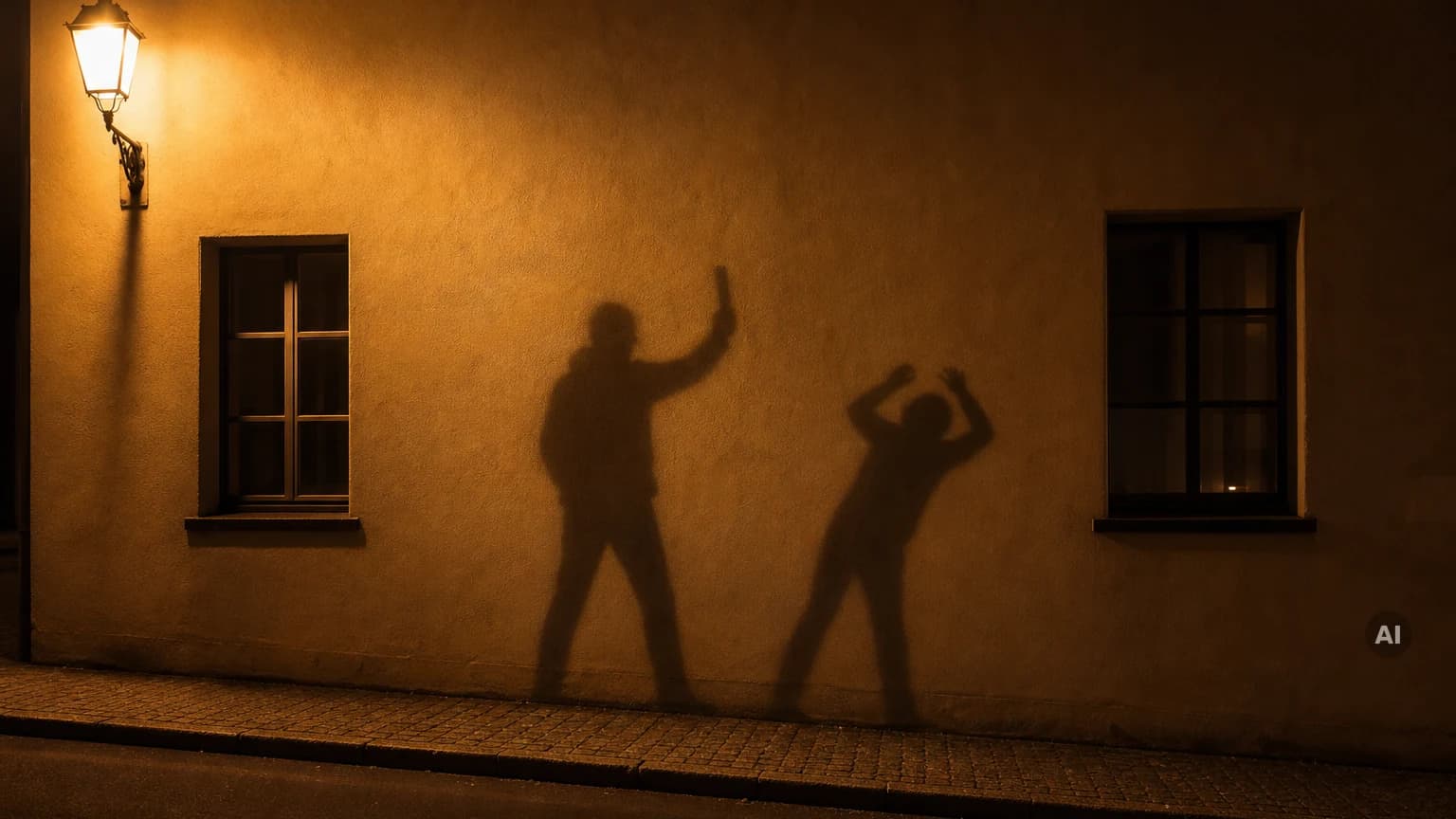 Zwei lange Schatten an einer beleuchteten Hauswand bei Nacht, eine Gestalt hebt den Arm, die andere weicht zurück