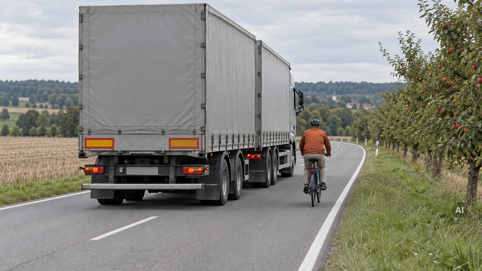 Lastzug mit grauer Plane überholt auf einer Landstraße einen Radfahrer in orangefarbener Jacke mit sehr geringem seitlichem Abstand