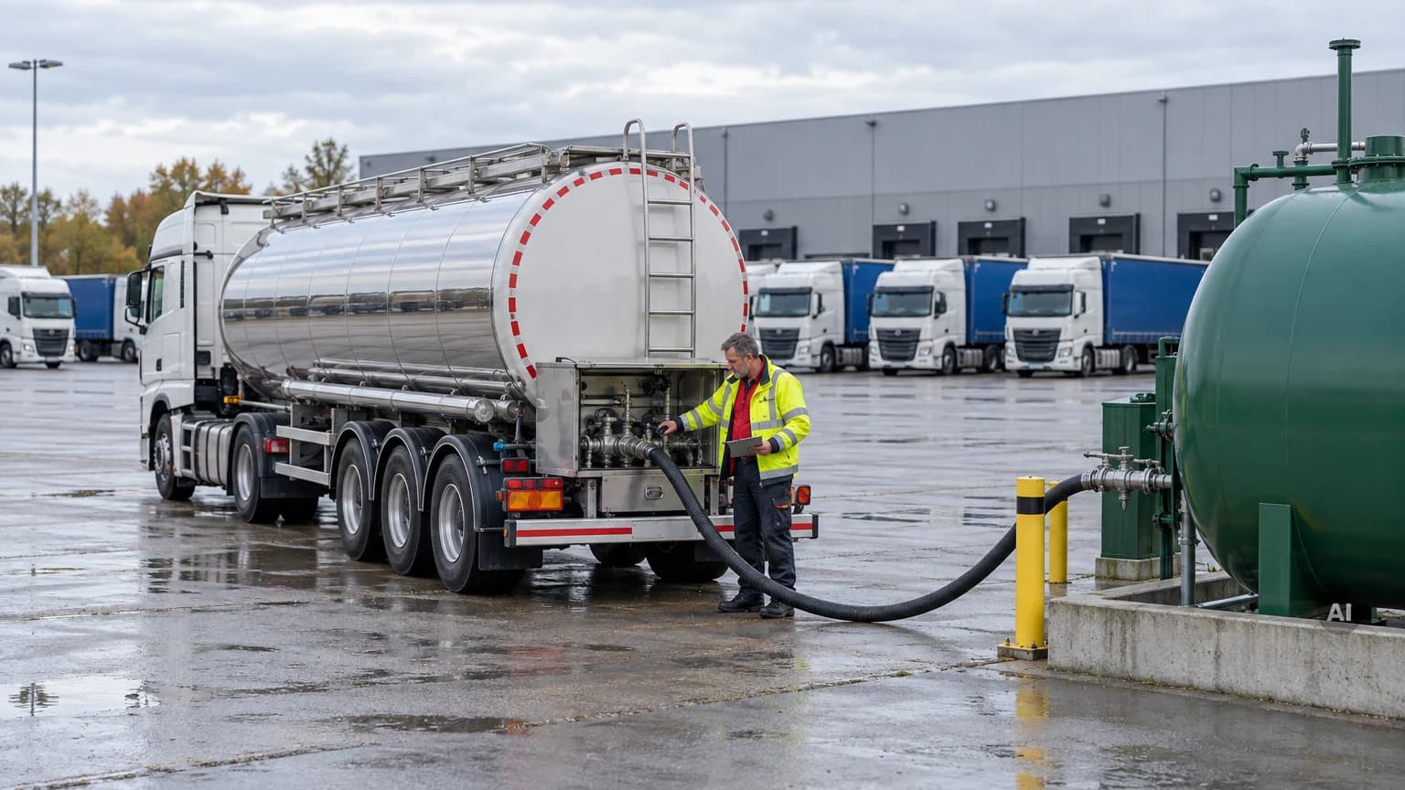 Tankwagen liefert auf einem Speditionshof Diesel in einen Lagertank, im Hintergrund parkt die Lkw-Flotte