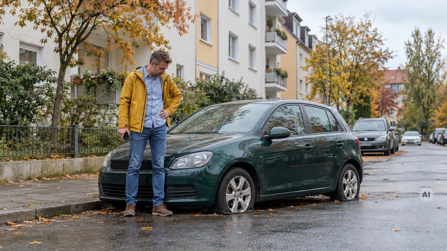 Mann in gelber Regenjacke steht morgens in einer Wohnstraße neben seinem grünen Auto und blickt auf die platten Reifen