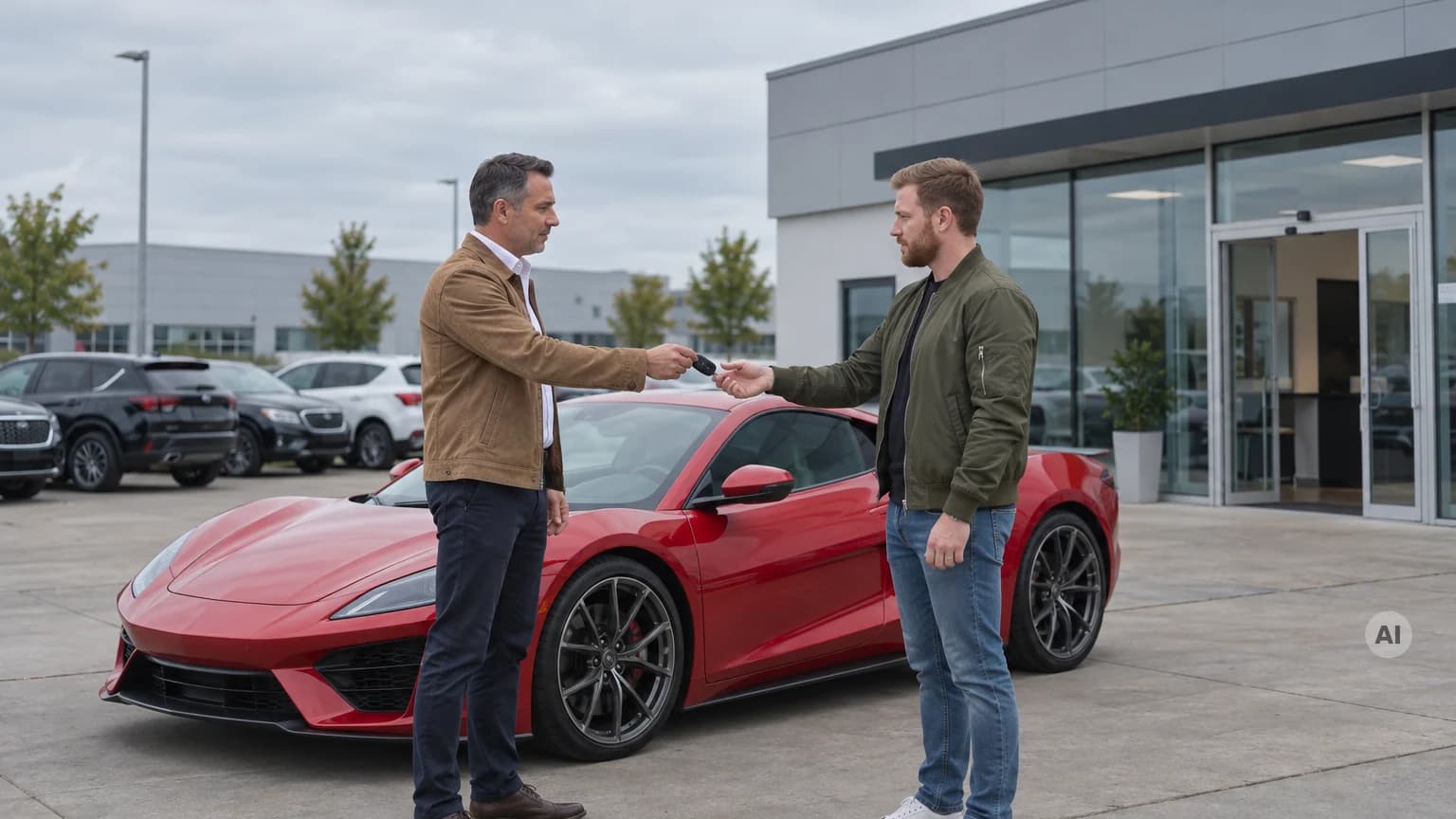 Ein Mann übergibt einem anderen neben einem roten Sportwagen auf dem Hof einer Autovermietung den Fahrzeugschlüssel