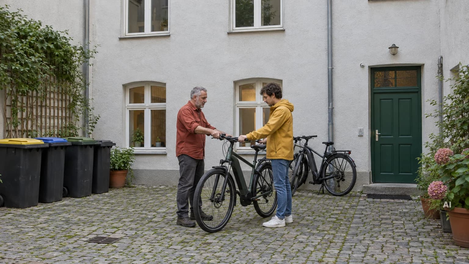 Ein Fahrradhändler übernimmt in einem Hinterhof von einem Bekannten ein fast neues E-Bike, weitere E-Bikes lehnen an der Wand