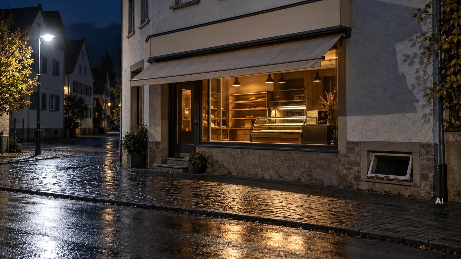 Bäckerei-Schaufenster bei Nacht an einer regennassen Straße, daneben ein geöffnetes Kellerfenster