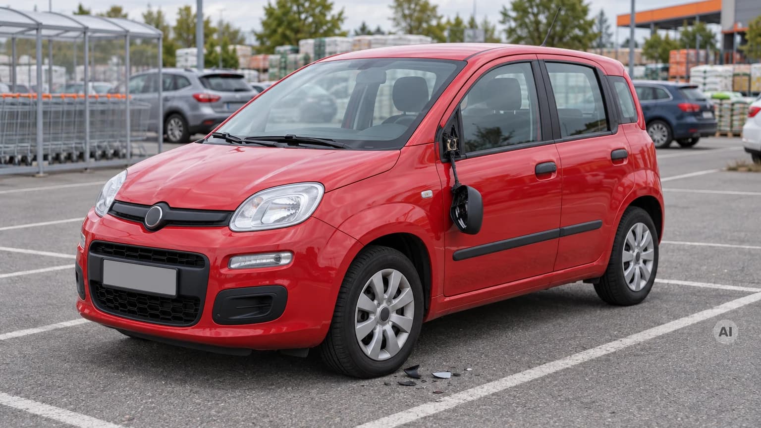 Roter Kleinwagen auf einem Baumarktparkplatz mit abgerissenem, herabhängendem Außenspiegel, Splitter auf dem Asphalt