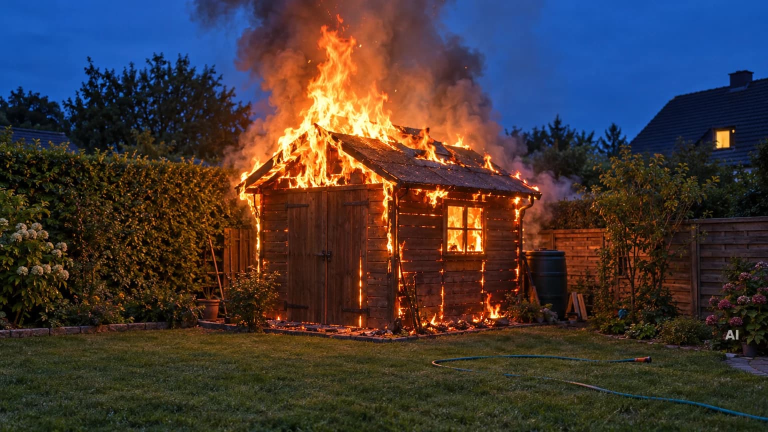 Brennende Holz-Gartenhütte am Abend in einem Garten, Flammen schlagen aus dem Dach