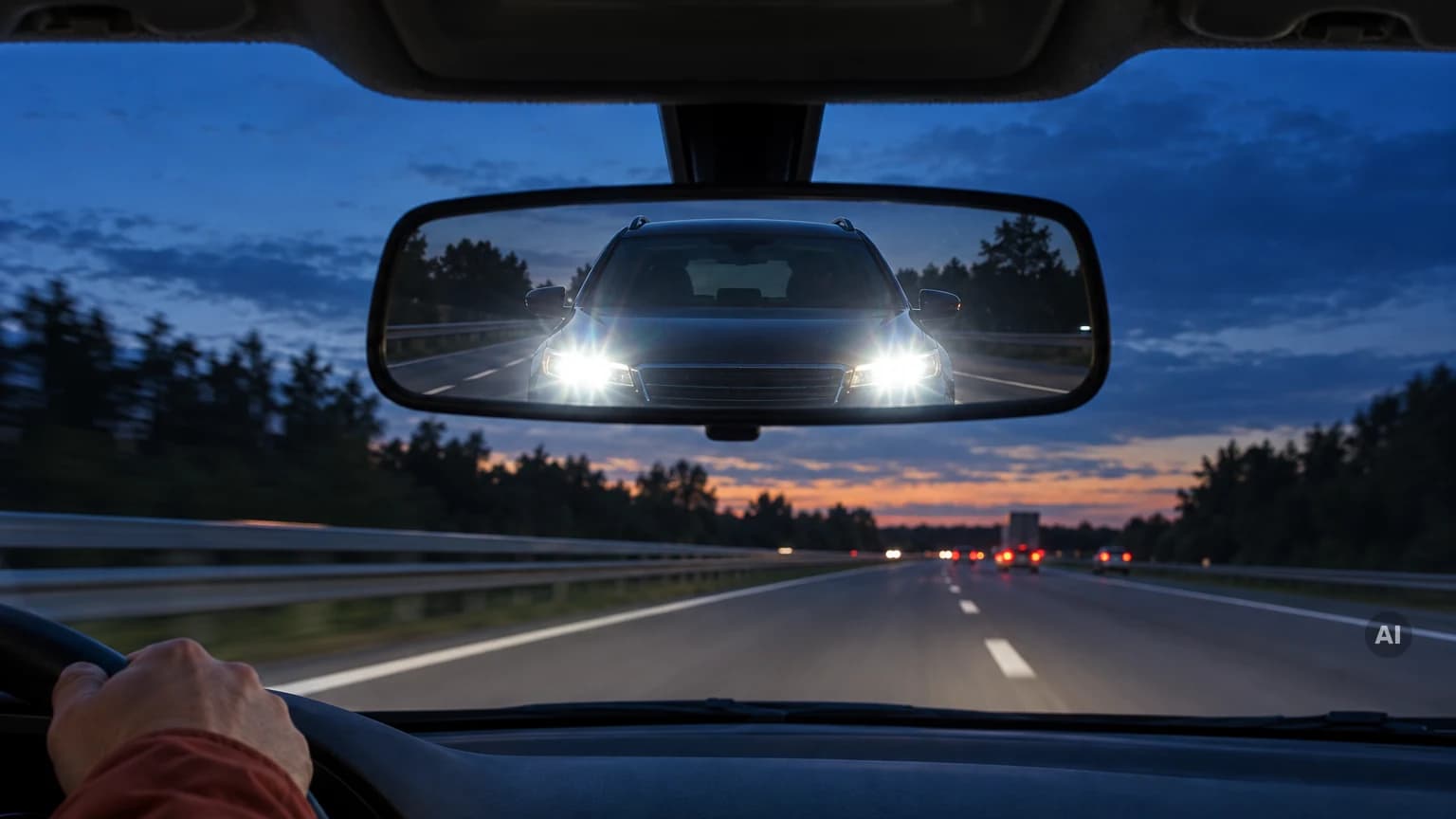 Blick vom Fahrersitz auf der Autobahn in der Dämmerung, im Rückspiegel fährt ein Auto mit grell leuchtenden Scheinwerfern dicht auf