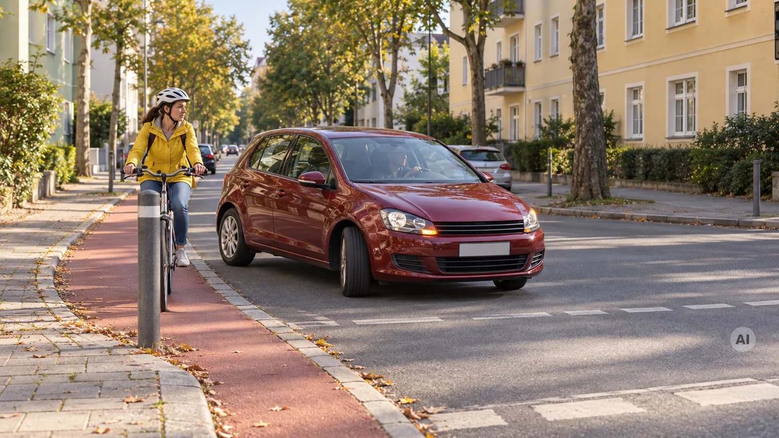 Ein rotes Auto biegt an einer städtischen Kreuzung rechts ab, daneben fährt eine Radfahrerin in gelber Jacke auf dem roten Radweg geradeaus.