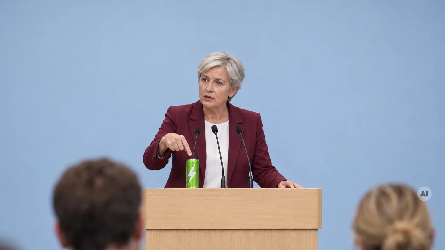 Eine Ministerin im weinroten Blazer zeigt in einer Pressekonferenz auf eine grüne Energydrink-Dose, die auf dem Rednerpult zwischen den Mikrofonen steht