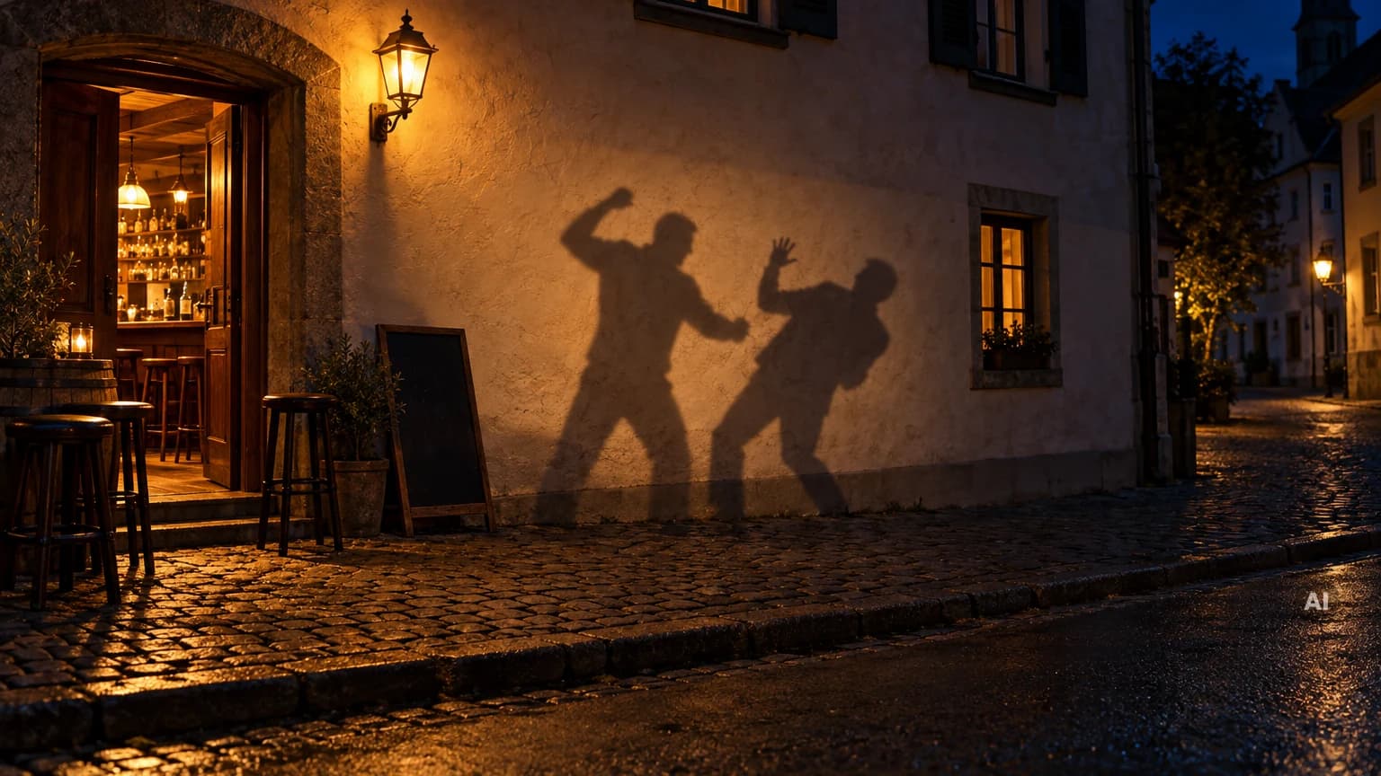 Nachts vor einer Bar werfen zwei Männer Schatten auf eine Hauswand: Einer holt mit der Faust aus, der andere weicht mit erhobener Hand zurück