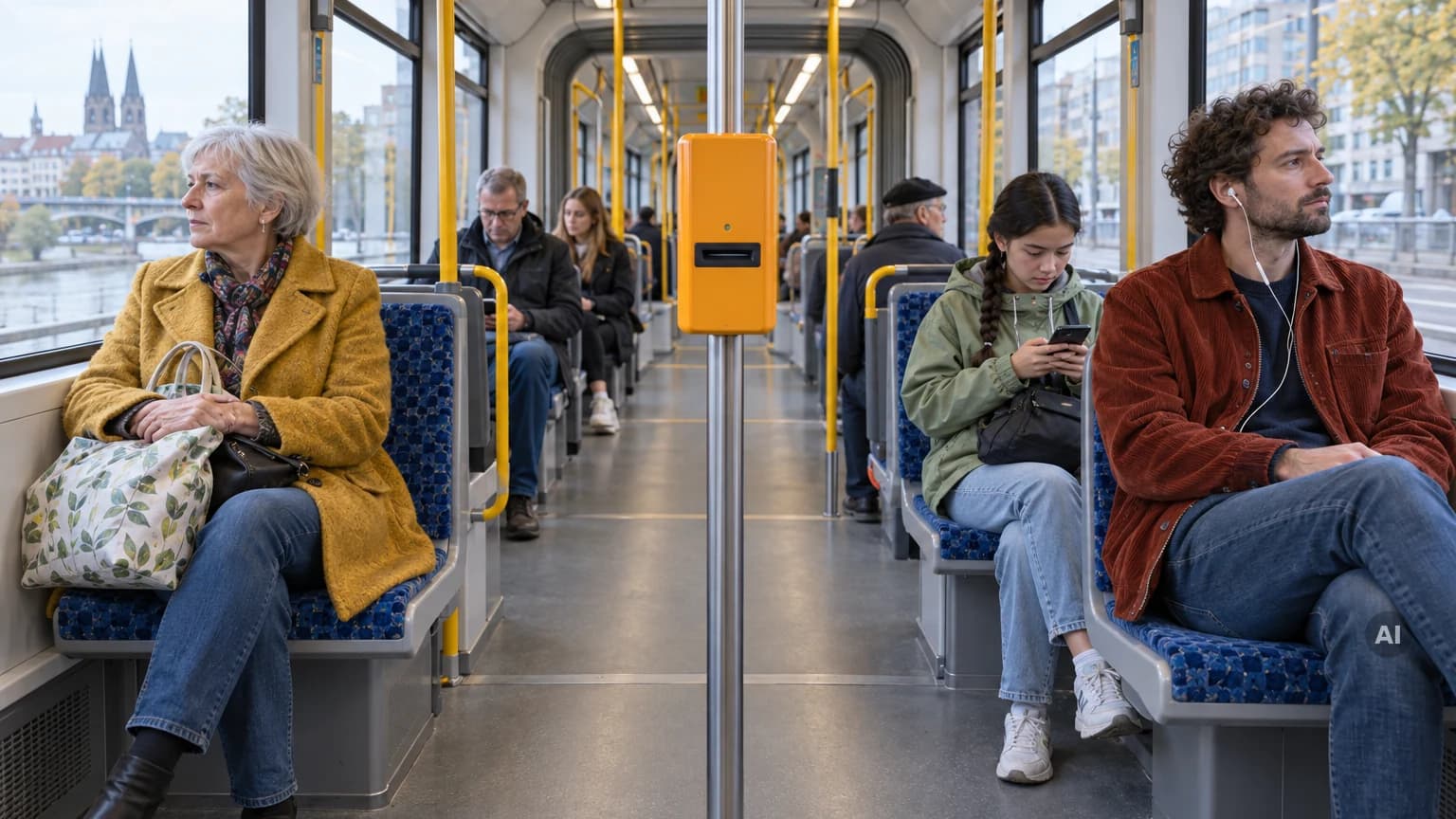 Fahrgäste sitzen in einer Straßenbahn, in der Mitte ein gelber Fahrkartenentwerter an einer Haltestange
