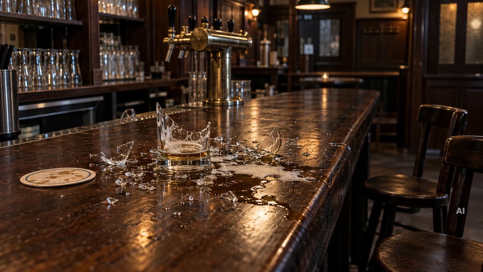 Zerbrochenes Bierglas mit verschüttetem Bier und Scherben auf der Holztheke einer Kneipe, daneben leere Barhocker