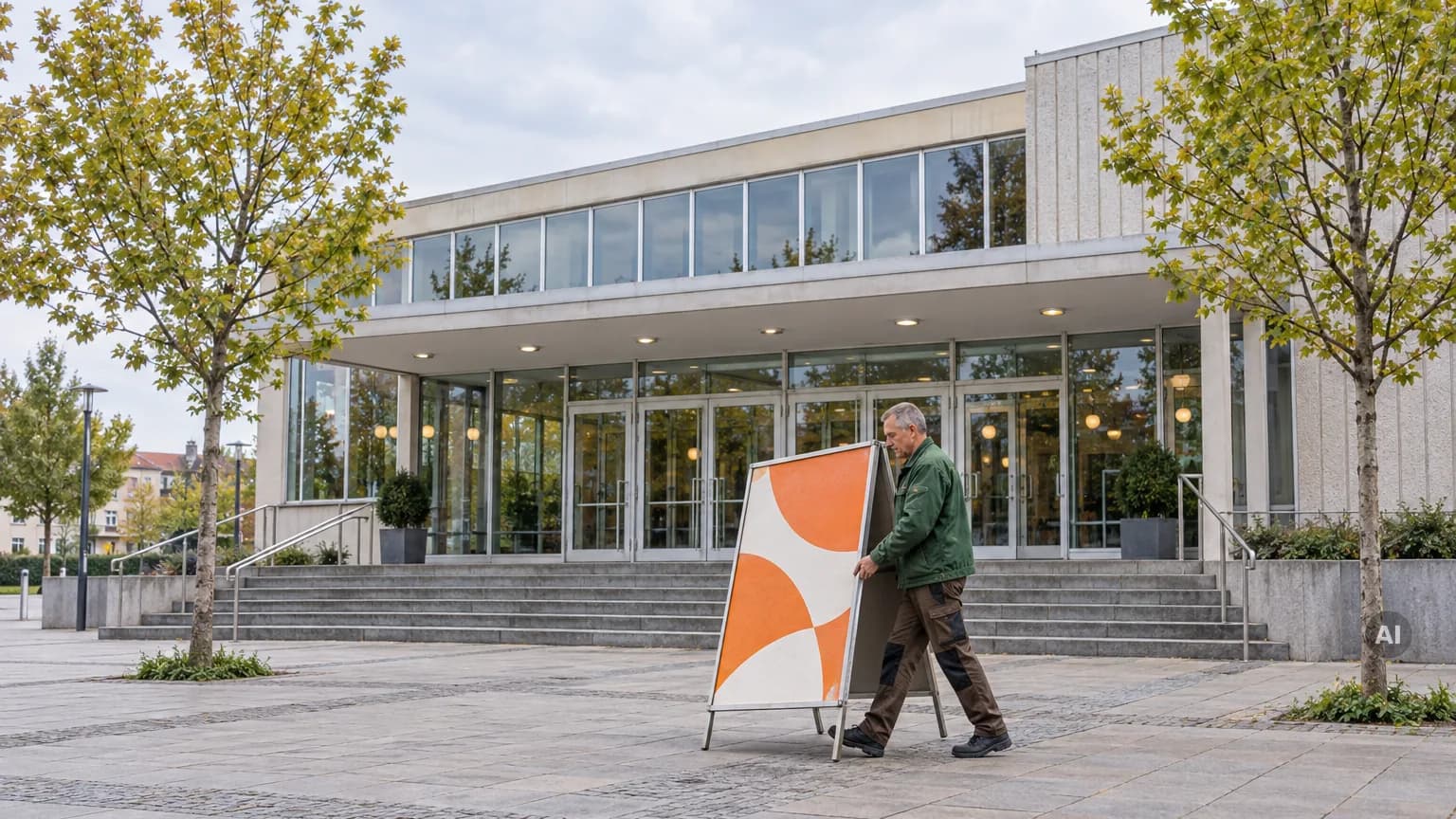 Hausmeister trägt einen orange-weißen Aufsteller vom Eingang einer modernen Stadthalle weg