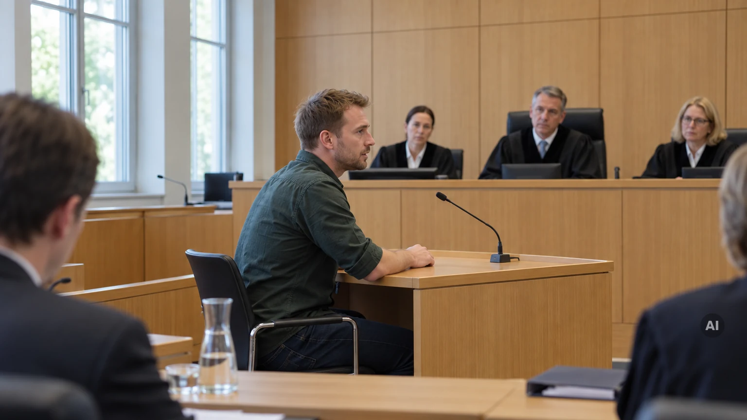 Zeuge im grünen Hemd sitzt am Zeugentisch eines Gerichtssaals und sagt aus, im Hintergrund Richter in schwarzen Roben an der Richterbank