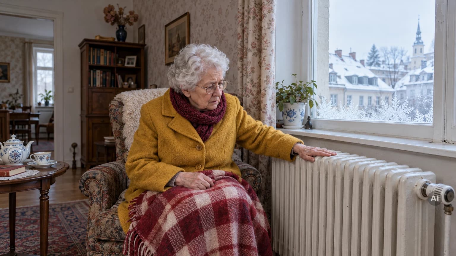 Ältere Frau im gelben Wollmantel sitzt mit Decke auf den Knien im Sessel und legt die Hand auf einen kalten Heizkörper, draußen Schnee