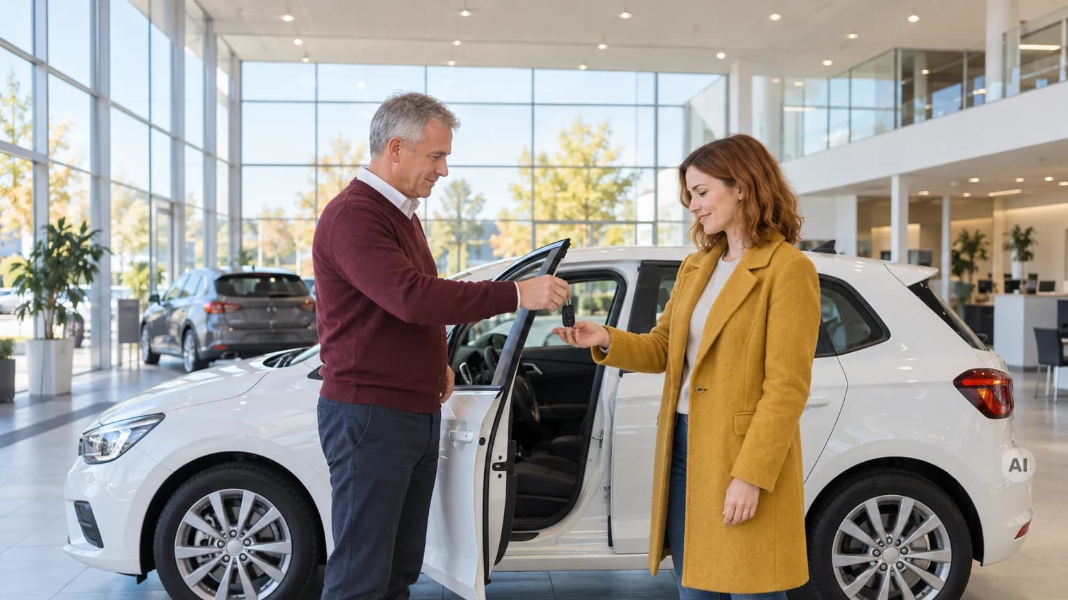 Verkäufer übergibt einer Kundin im Autohaus den Schlüssel neben der geöffneten Fahrertür eines weißen Neuwagens