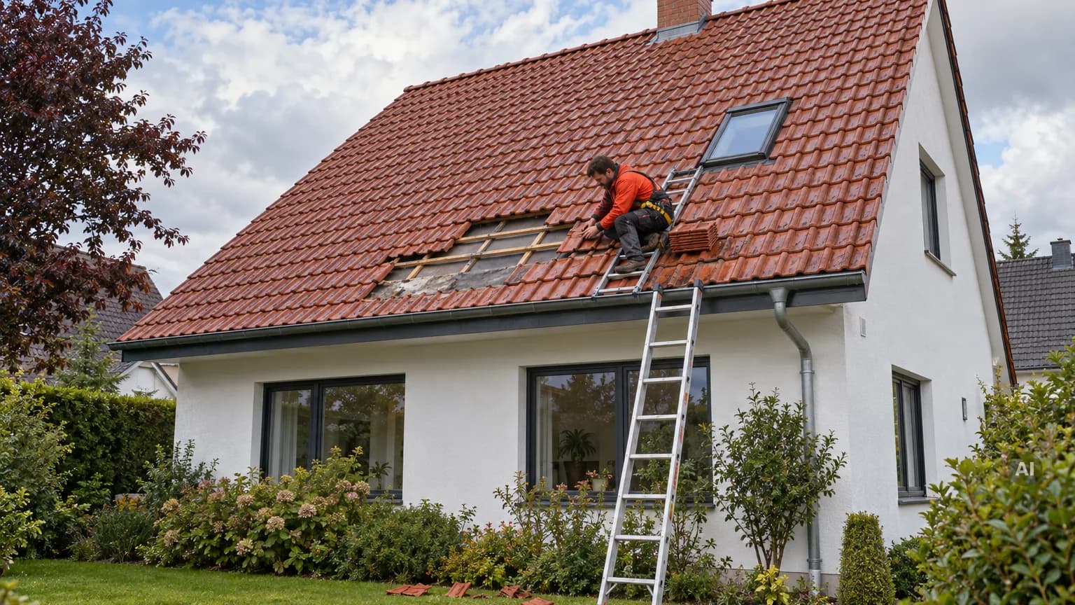 Dachdecker setzt neue Ziegel in eine Sturmlücke im roten Ziegeldach eines Einfamilienhauses
