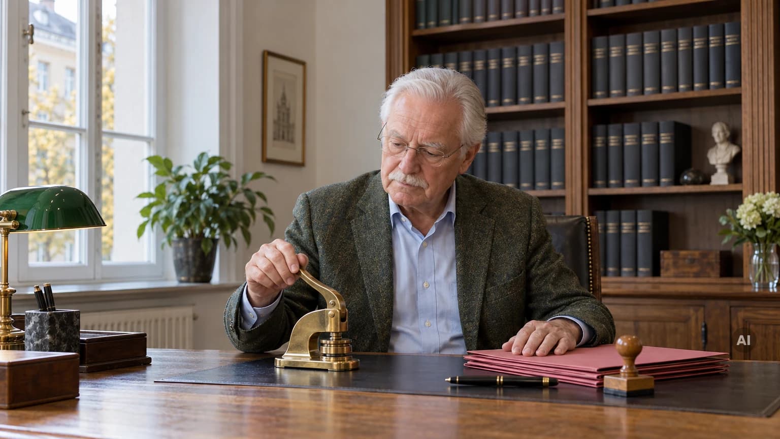 Älterer Notar mit weißem Haar sitzt nachdenklich am Eichenschreibtisch, die Hand auf einer Siegelpresse, daneben rote Aktendeckel und ein Stempel