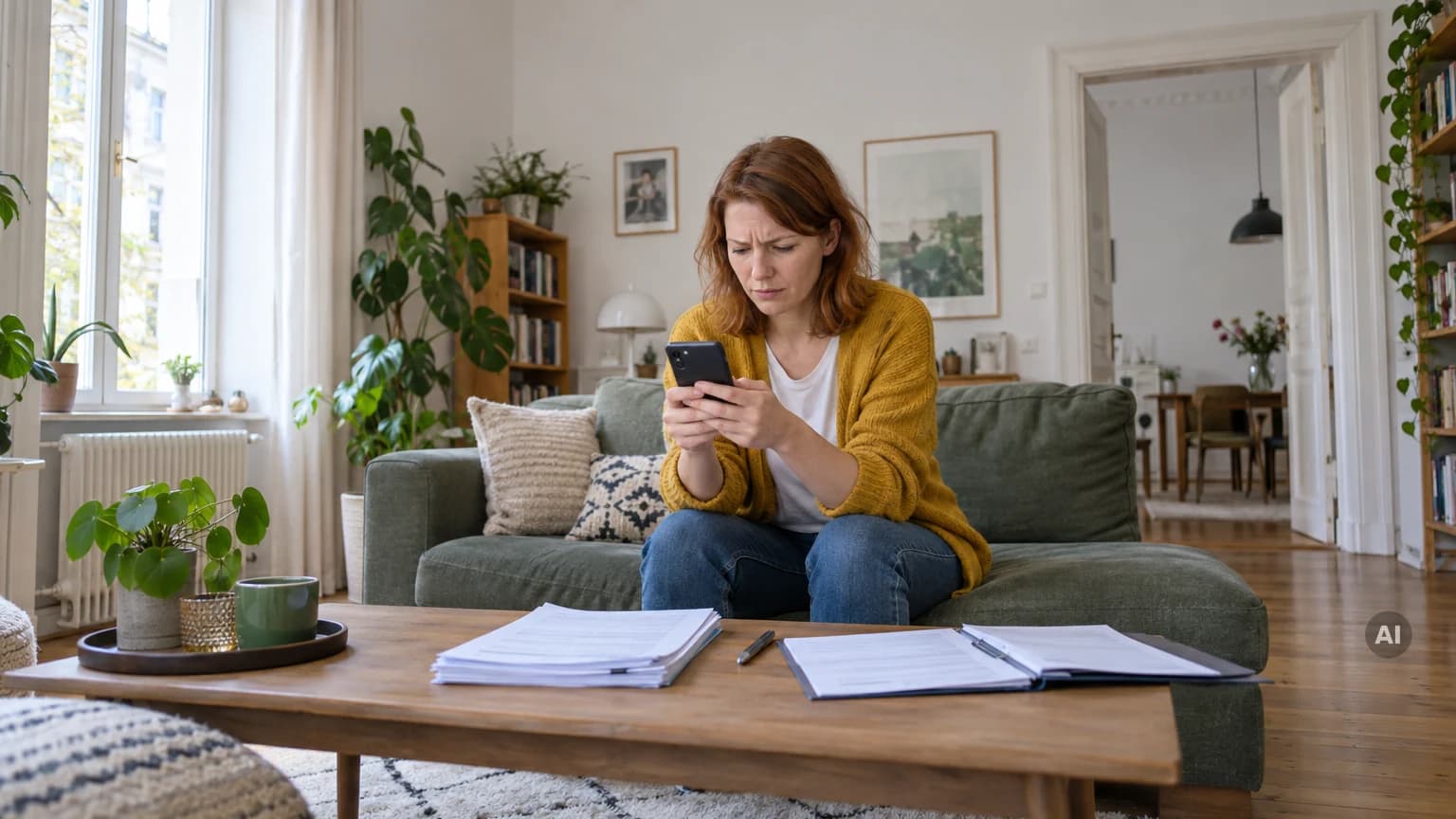 Mieterin sitzt im Wohnzimmer auf dem Sofa und liest mit ernster Miene eine Nachricht auf dem Smartphone, vor ihr liegen Mietvertrag und Unterlagen.