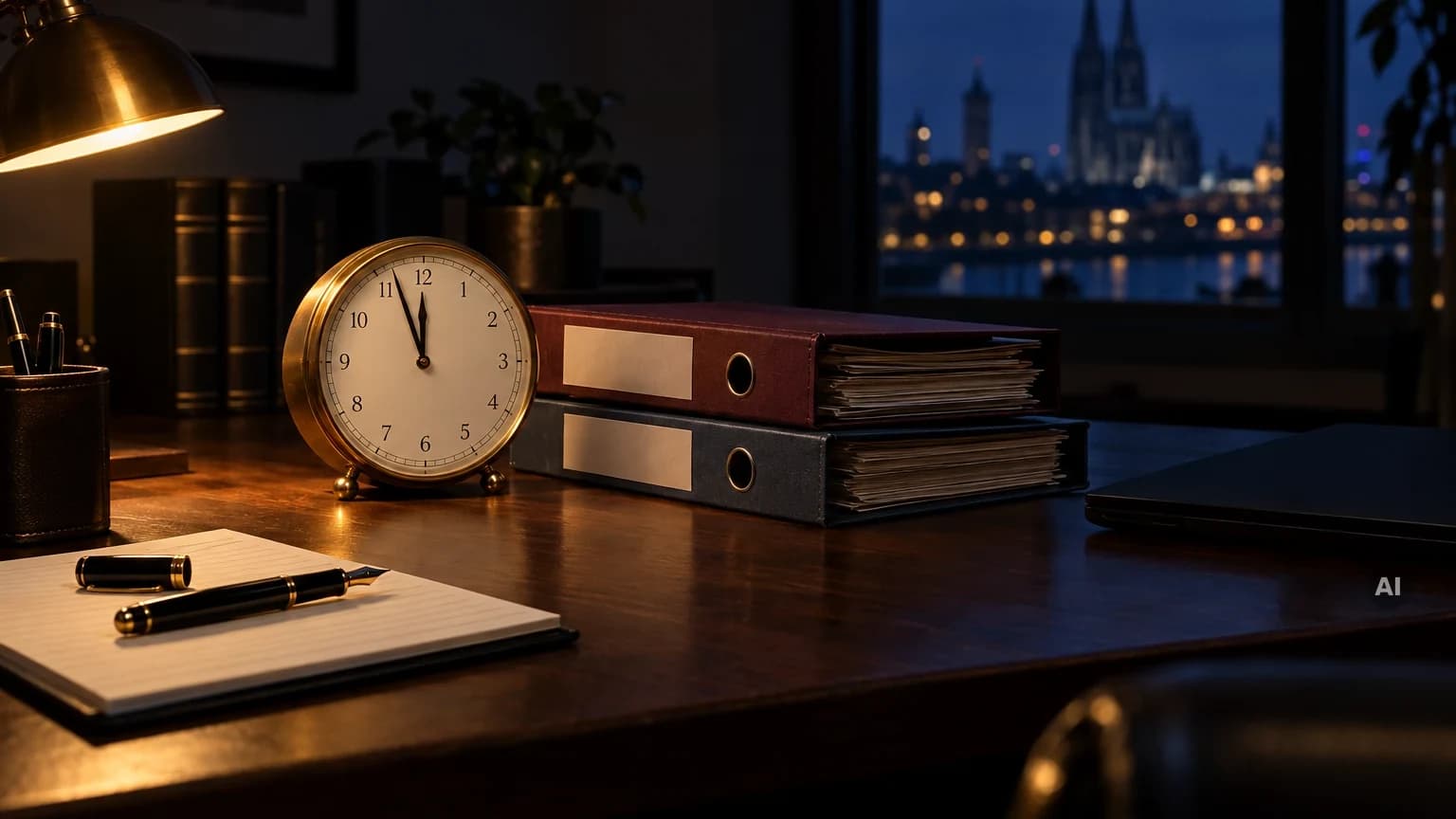 Schreibtisch in einer Kanzlei am späten Abend mit Uhr kurz vor Mitternacht und Aktenordnern